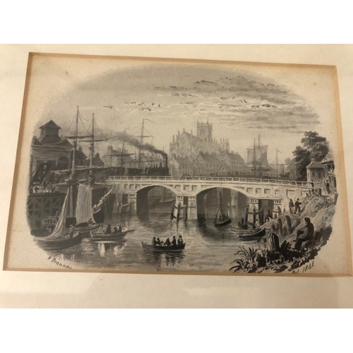 148 - Four framed works, to include: R. Brannon (19th century) - 'Selby Old Bridge and Abbey', watercolour... 