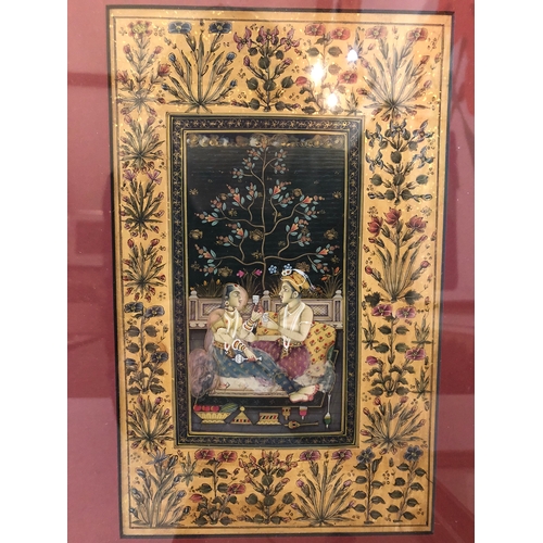 149 - Two Mughal miniature paintings of couples, one on gold flecked paper with highly decorative floral b... 