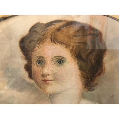 151 - Victorian quarter-length portrait of a young girl, watercolour and bodycolour on paper, behind glass... 