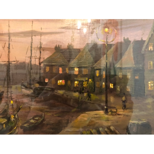 153 - Desmond Johnson (20th Century) Evening Harbour Scene, oil on canvas, 29 x 43 cm, mounted, framed and... 