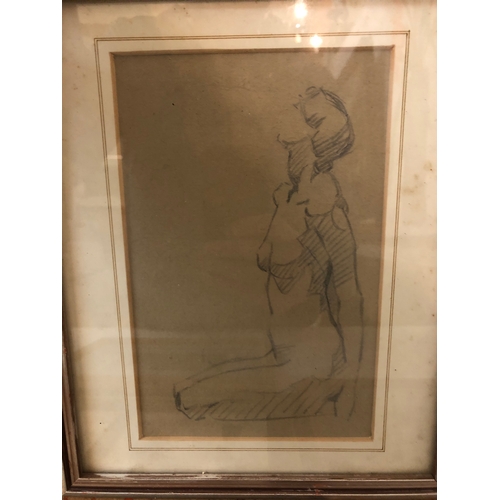 162 - Six Drawings and Prints: M. Knox - 1930s pencil study of a kneeling nude, label attached verso, 21 x... 