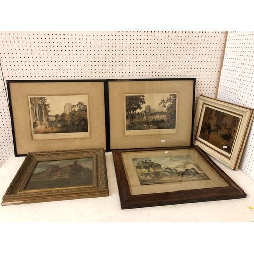 163 - 19th century painting and four prints, to include: Oil on board of a country house, 24 x 29 cm, gilt... 