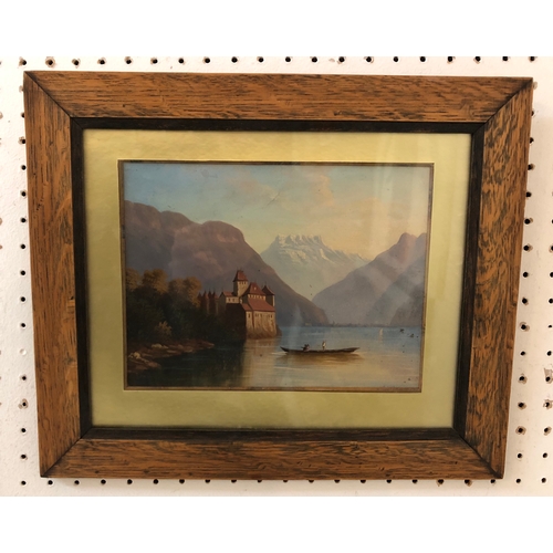 172 - European School, 19th Century - Lakeland scene with mountains, oil on board, 16 x 21 cm, mounted, gl... 