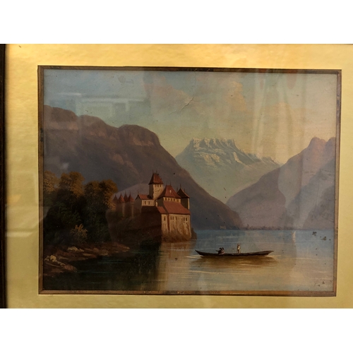 172 - European School, 19th Century - Lakeland scene with mountains, oil on board, 16 x 21 cm, mounted, gl... 