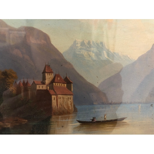 172 - European School, 19th Century - Lakeland scene with mountains, oil on board, 16 x 21 cm, mounted, gl... 