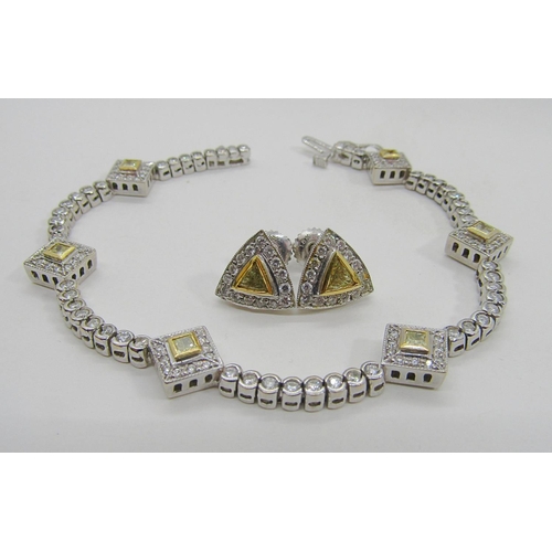 1367 - A demi-parure of 18ct white gold, white and yellow diamond jewellery, comprising bracelet and pair o... 