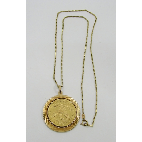 1375 - American Coinage. A mounted 1886 gold Ten Dollar coin, in an 18ct yellow gold mount and 18ct yellow ... 