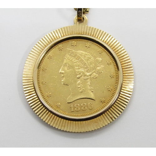 1375 - American Coinage. A mounted 1886 gold Ten Dollar coin, in an 18ct yellow gold mount and 18ct yellow ... 