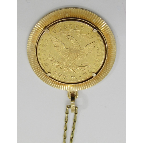 1375 - American Coinage. A mounted 1886 gold Ten Dollar coin, in an 18ct yellow gold mount and 18ct yellow ... 