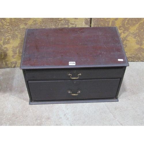 2126 - A 19th century mahogany table top two drawer chest, with swan neck handles, 54cm wide x 32cm deep x ... 