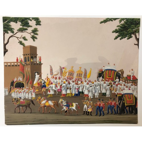 123 - Company painting c.1850, Indian ceremonial scene with figures and animals, gouache on mica, Company ... 