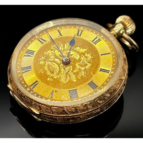 1442 - A small 12ct gold cased fob watch, the engraved dial with black Roman numerals, 30mm case enclosing ... 