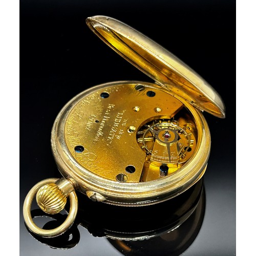 1443 - A J.W. Benson 9ct gold cased open-faced keyless pocket watch, inscribed white enamel dial, black Rom... 