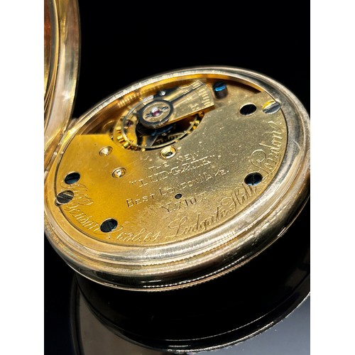 1443 - A J.W. Benson 9ct gold cased open-faced keyless pocket watch, inscribed white enamel dial, black Rom... 