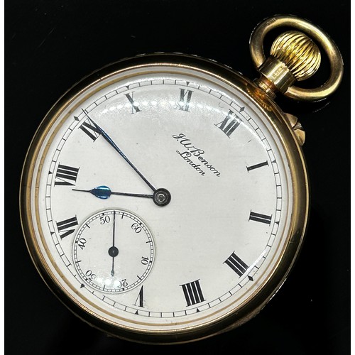 1443 - A J.W. Benson 9ct gold cased open-faced keyless pocket watch, inscribed white enamel dial, black Rom... 