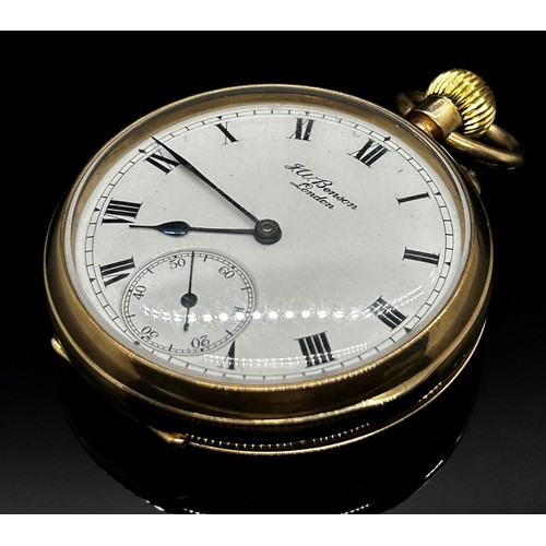 1443 - A J.W. Benson 9ct gold cased open-faced keyless pocket watch, inscribed white enamel dial, black Rom... 