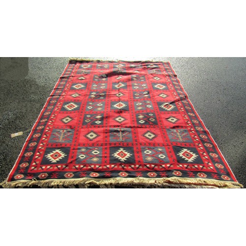 2719 - A contemporary reversible Turkish design Kilim type carpet with a bright red and blue square section... 