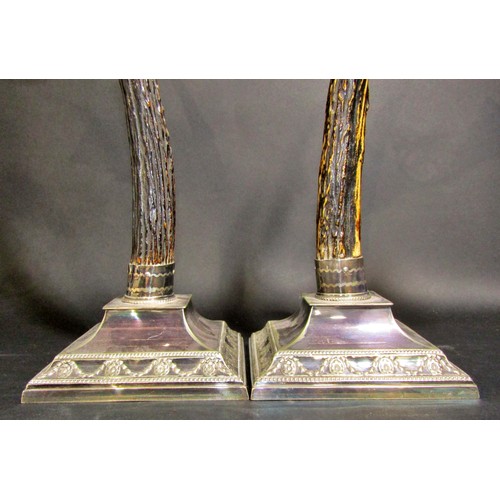 1165 - A pair of unusual Victorian antlers mounted on square plinths,  with adjustable silver plated candle... 