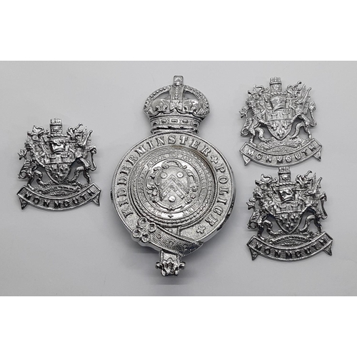 1818 - A Kidderminster Police Constabulary helmet badge together with three Monmouth Constabulary uniform b... 