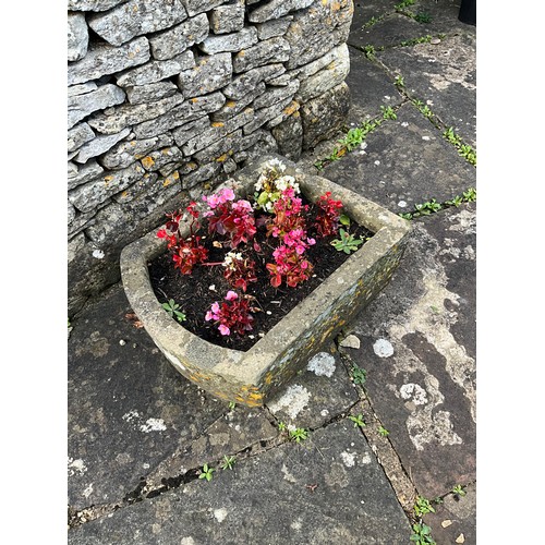 2114 - Two weathered cast composition stone rectangular planters with drilled drainage holes, varying in si... 