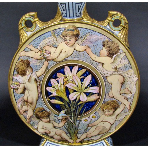 1089 - A large impressive Minton ‘Pilgrim’ vase, decorated with winged putti encircling a central posy of f... 