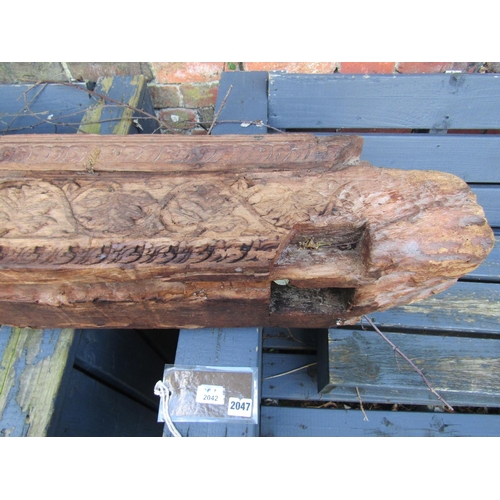 2048 - Antique Eastern hardwood beam with carved acanthus leaf and vine frieze, 346cm long x 20cm square ap... 