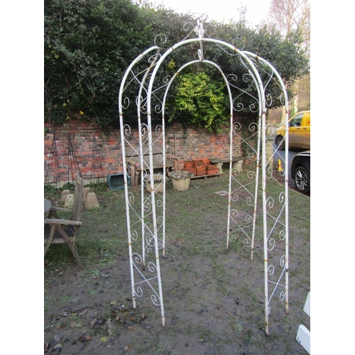 2056 - A painted light steel tubular framed sectional gazebo or arbour with simple repeating open scrollwor... 