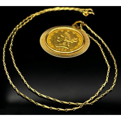 1375 - American Coinage. A mounted 1886 gold Ten Dollar coin, in an 18ct yellow gold mount and 18ct yellow ... 