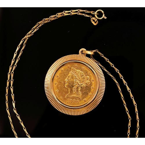 1375 - American Coinage. A mounted 1886 gold Ten Dollar coin, in an 18ct yellow gold mount and 18ct yellow ... 