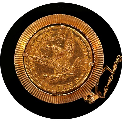 1375 - American Coinage. A mounted 1886 gold Ten Dollar coin, in an 18ct yellow gold mount and 18ct yellow ... 