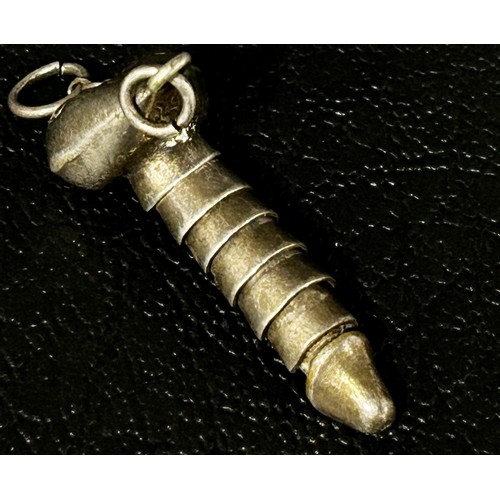 237 - A silver metal articulated flacid penis pendant with arousal chain