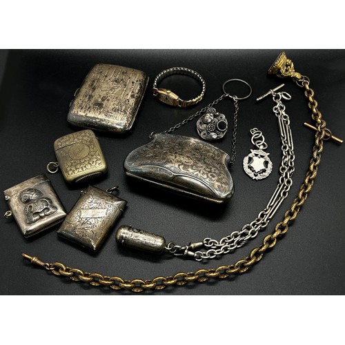 238 - A selection of silver including a cigarette case, two vestas, a silver chain and vinaigrette, togeth... 