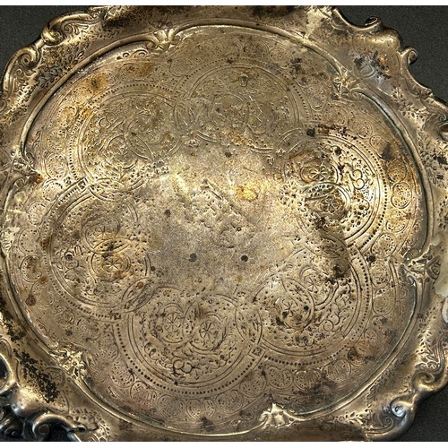 245 - A Victorian silver tray, Edward Barnard & Sons Ltd, London 1874, engraved and scrolled, repairs to t... 