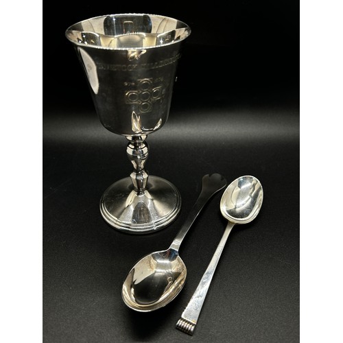 307 - A Francis Howard silver wine goblet, and two boxed Christening spoons, 6.6oz approx. (3)