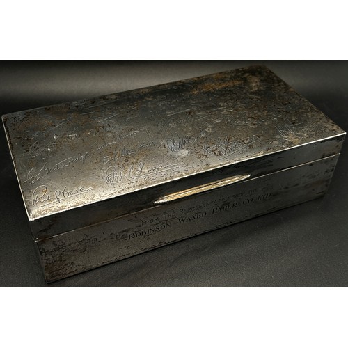 259 - A silver presentation cigarette box with colleague signatures to the lid and another silver clad cig... 