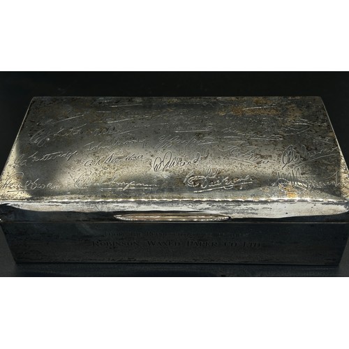 259 - A silver presentation cigarette box with colleague signatures to the lid and another silver clad cig... 