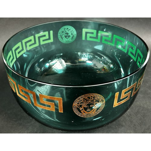 185 - A Versace green glass fruit bowl with signature, Medusa Head and Greek key pattern in gold, 24.5 cm ... 