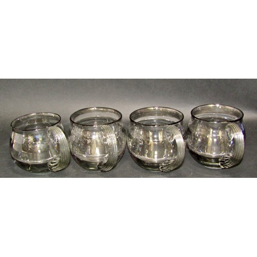 182 - Four large, good quality hand blown smoked glass ale/beer mugs, each 10cm high, 9cm diameter (4)