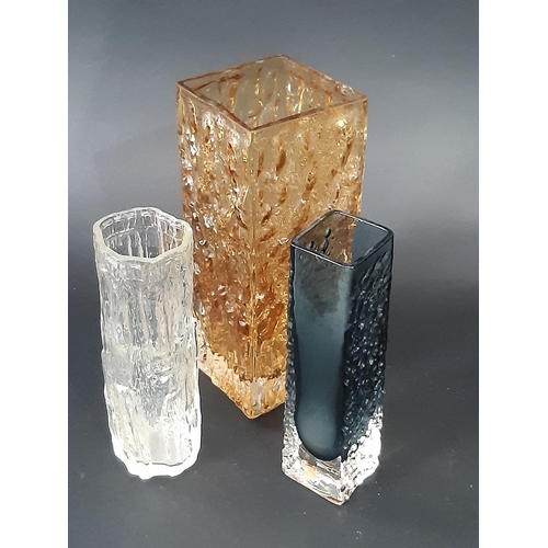 164 - Three Whitefriars style bark vases, one green, one amber, and one clear, 18cm , 22cm and 17cm respec... 