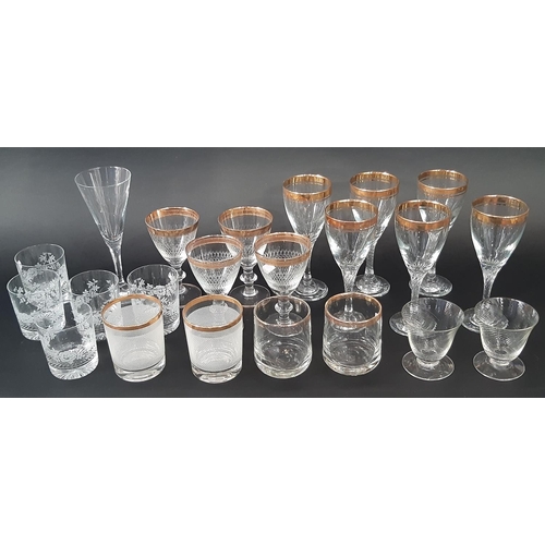 183 - Six gold rimmed wine glasses  on spiral stems, four engraved wine glasses with gold rims, together w... 