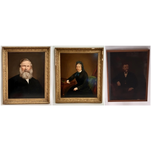 651 - Three Victorian portraits of two gentlemen and a seated lady wearing a blue ribbon bonnet holding a ... 