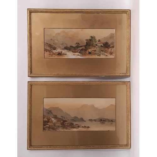 655 - Pair of 19th century mountainous landscapes depicting a woman in red dress walking towards a river, ... 