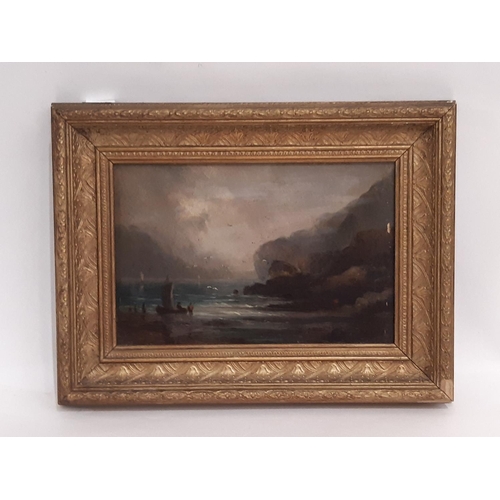 657 - 19th Century School - Coastal scene with figures on a boat illuminated by light through the clouds, ... 