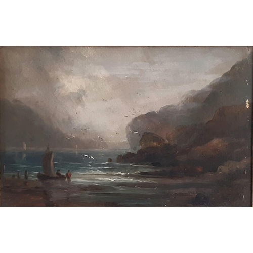 657 - 19th Century School - Coastal scene with figures on a boat illuminated by light through the clouds, ... 