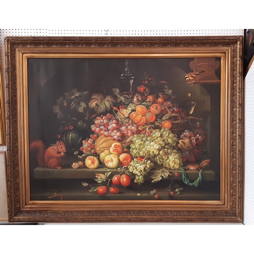 664 - Dutch School, 20th Century - Large still life of luscious fruits presented on a plinth with animals,... 