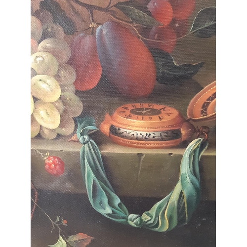 664 - Dutch School, 20th Century - Large still life of luscious fruits presented on a plinth with animals,... 