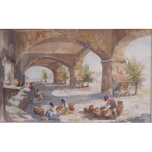 652 - Watercolour of a Mediterranean scene, indistinctly signed and dated 'James A. Ward'?, '87/2' 33.5 x ... 