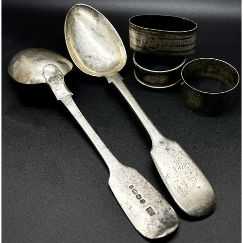 306 - A mixed selection of silver, consisting of a pair of 19th century serving spoons, three napkin rings... 