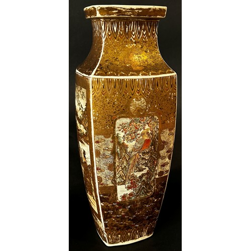 67 - Large Japanese Satsuma vase of square cut form, each panel of convex or concave form with hawk, char... 