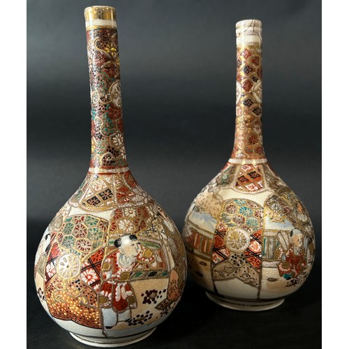 73 - Pair of Japanese bottle shaped vases with drawn necks and a further pair of Satsuma vases with chara... 